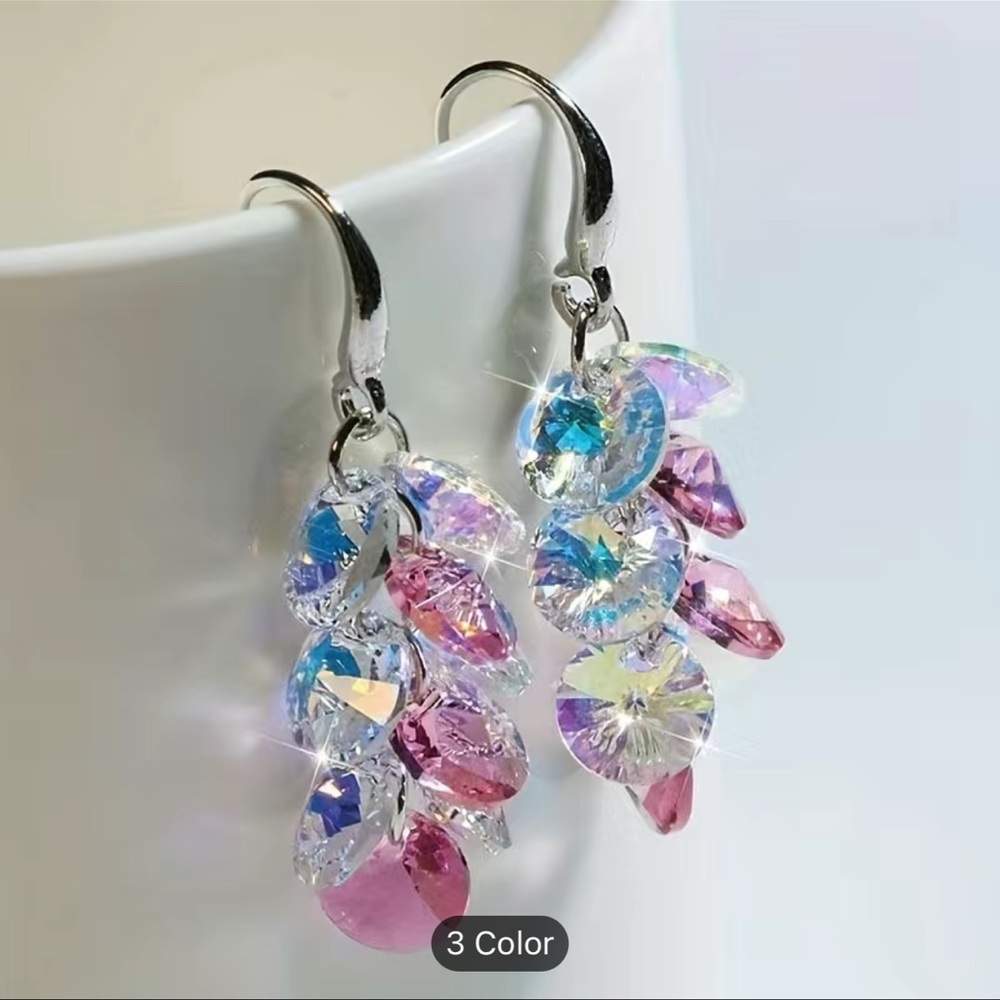 11 little layered round clear and pink crystals 935 sterling silver earrings
